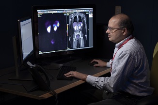 Doctor looking at patient scans on a computer