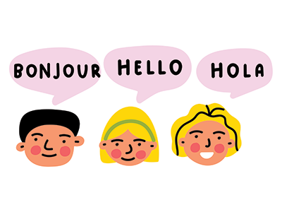 drawing of bilingual kids saying hello