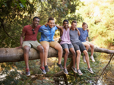 group of boys sitting on a tree branch