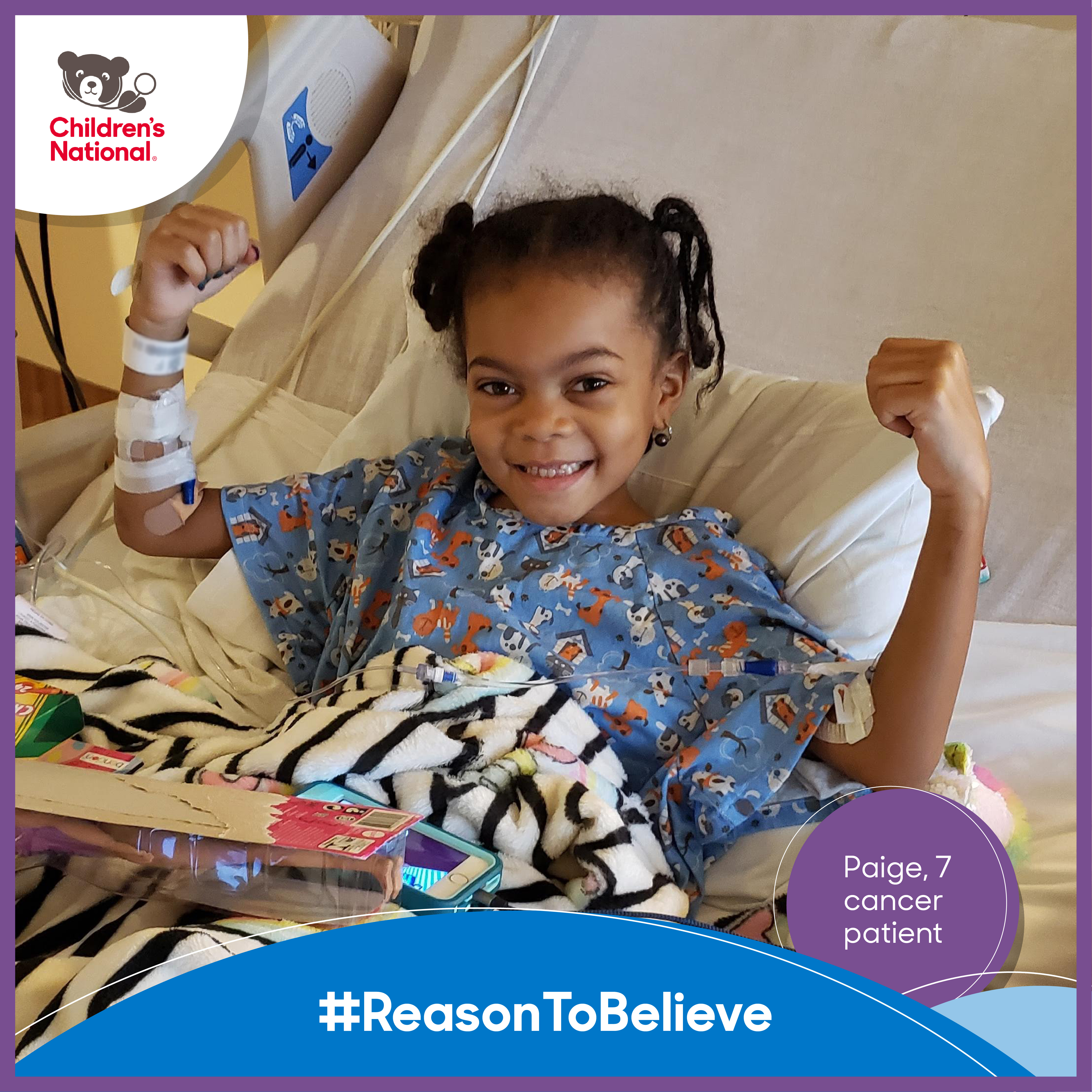 Patient in hospital bed smiling for Reason To Believe campaign 