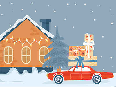 illustration of car loaded with presents in front of a house
