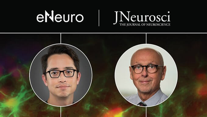 Terry Dean, M.D. and Vittorio Gallo, Ph.D. with the eNeuro and JNeurosci logos.