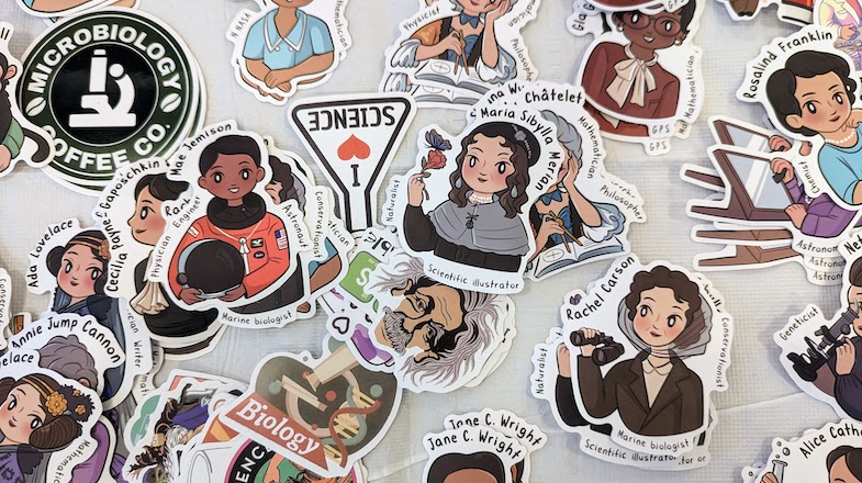 Stickers handed out to event participants of famous women scientists.